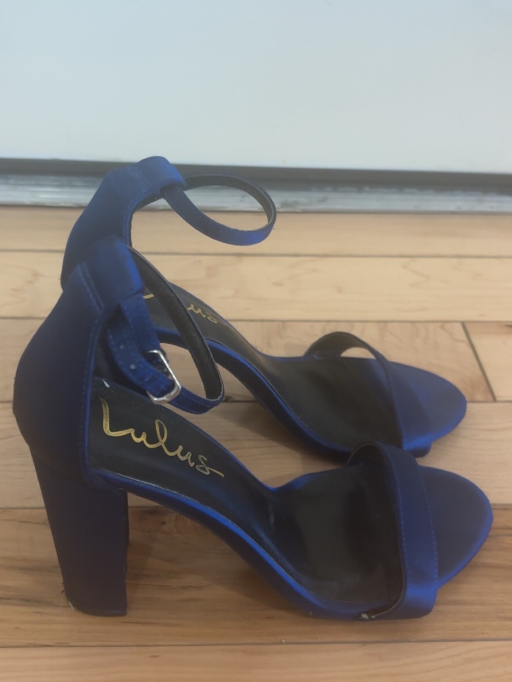 LULU’S TAYLOR NAVY SATIN ANKLE STRAP HEELS